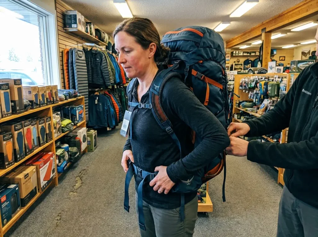Hiker wearing a loaded Osprey pack inside a gear shop while the heat-molded hip belt cools and sets