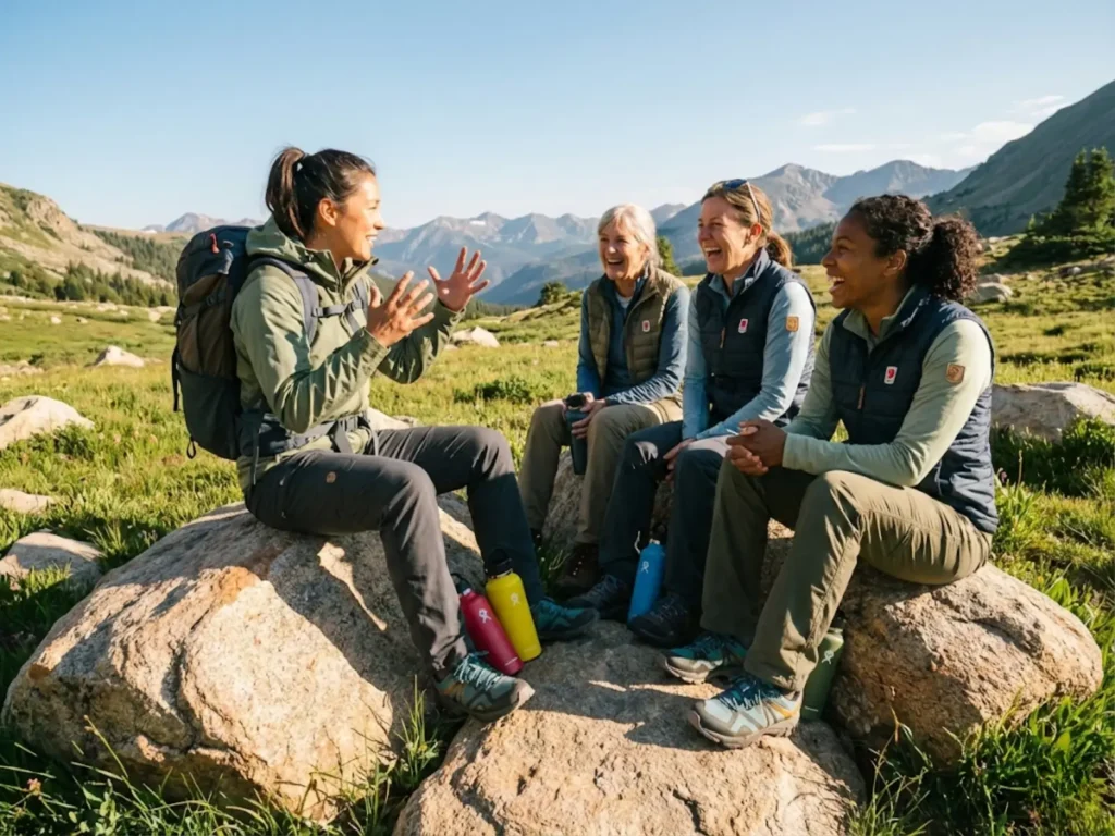Diverse women hiking group sharing conversation and laughter during alpine trail break