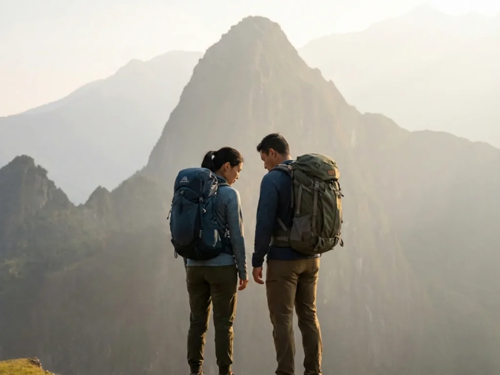 Hikers pausing reverently before sacred mountain landscape honoring Indigenous perspectives on land