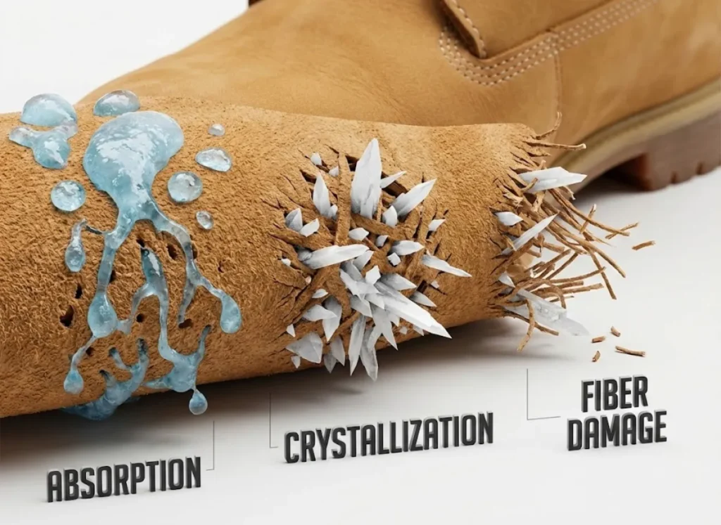 Detailed technical illustration showing the three stages of the Salt-Rot cycle in Nubuck leather: salt water absorption, internal crystallization, and microscopic fiber damage.