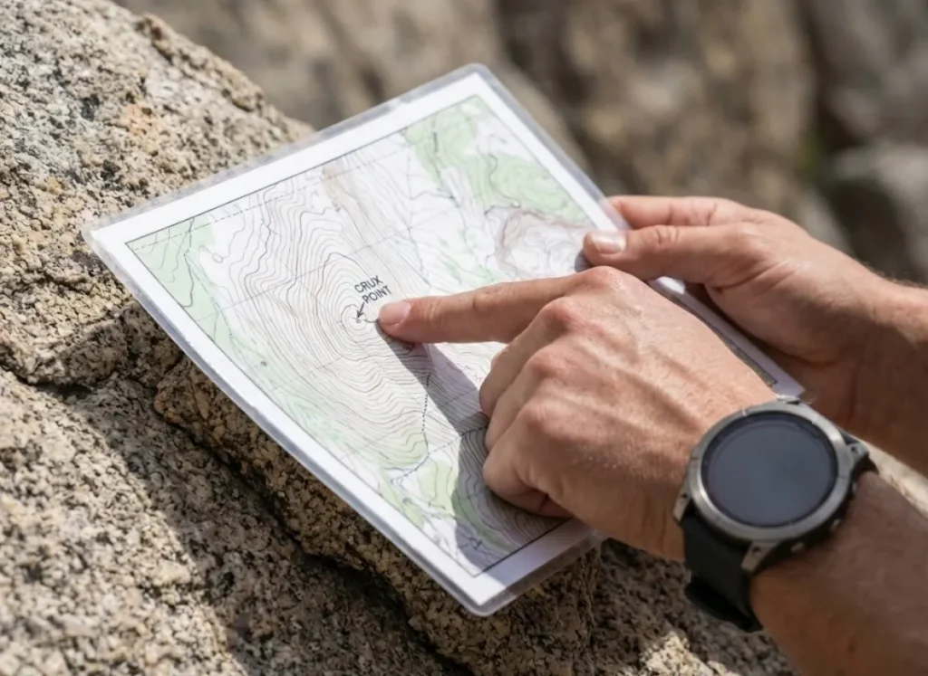 Close-up of clean hands tracing a route on a topographic map while wearing a Garmin fēnix watch, analyzing terrain steepness.
