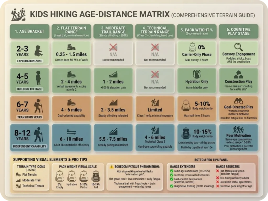 Age-segmented hiking distance chart showing realistic mileage ranges for children ages 2-12 across flat, moderate, and technical terrain with pack weight and developmental stage indicators.