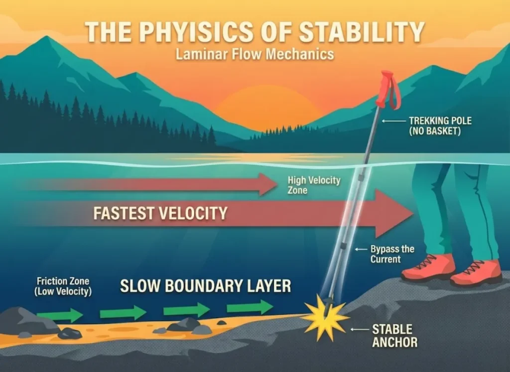 A cross-section infographic of a river showing laminar flow physics, illustrating a hiker planting a trekking pole through fast surface water to anchor in the slow bottom layer for stability.