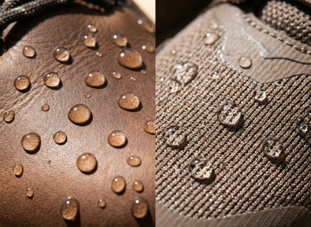 Macro split-screen comparison showing water droplets on full-grain leather hiking boots versus synthetic mesh hiking boots.