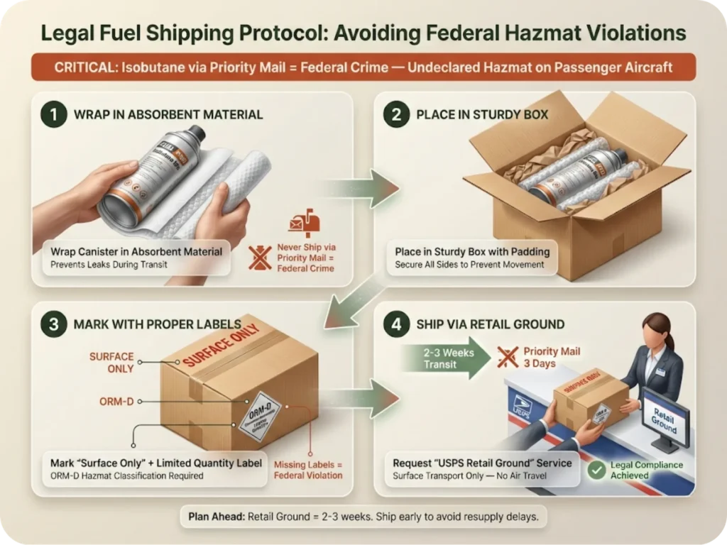 Four-step instructional sequence showing legal protocol for shipping isobutane fuel canisters via USPS Retail Ground with proper hazmat labeling.