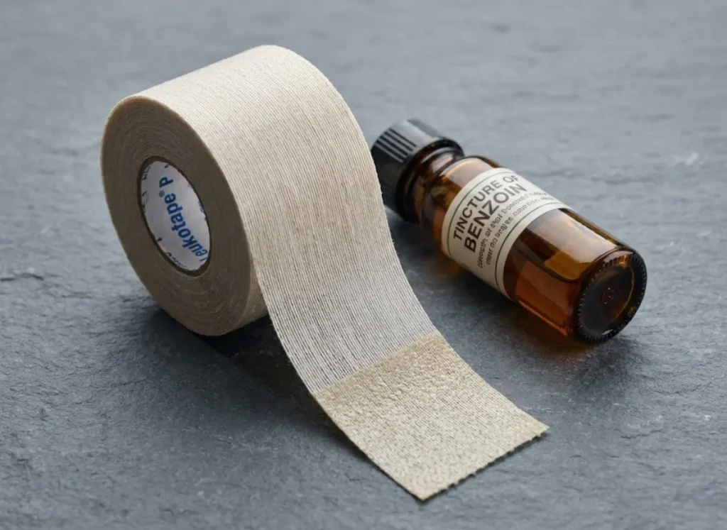 Macro photography of a roll of rigid Leukotape P and a vial of Tincture of Benzoin, displayed on a slate surface.