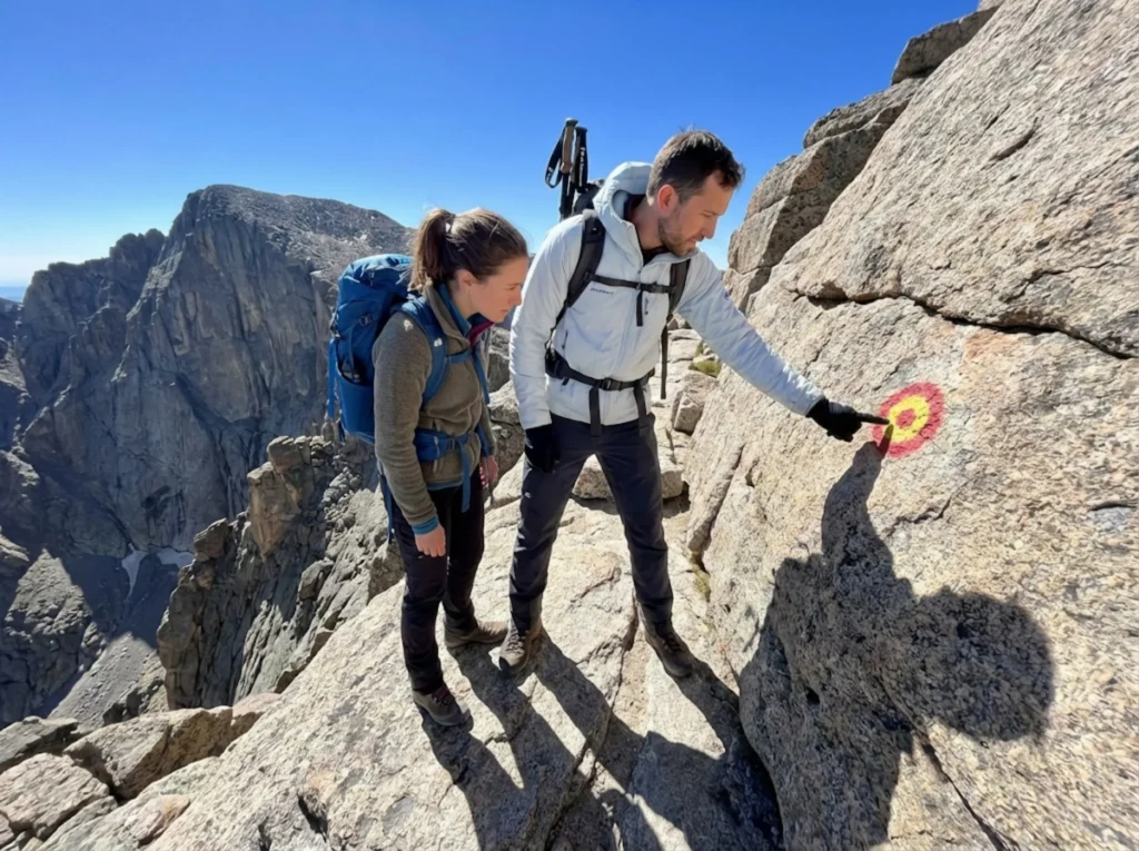 Hikers reading red and yellow bull's-eye trail marker on Longs Peak Keyhole Route