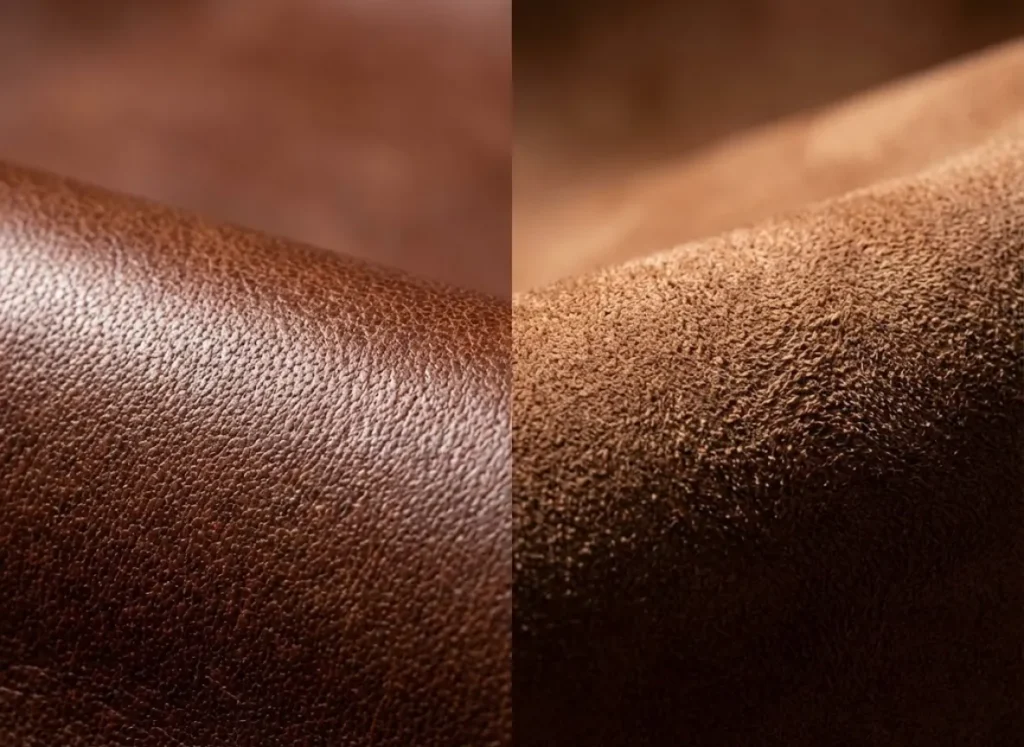 Extreme macro photography split-screen showing the microscopic pore structure of smooth full-grain leather versus the sanded, fibrous nap of nubuck leather.