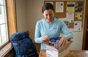 Mail Drops vs Buying Food on Trail (What Actually Works) Thru-hiker opening USPS resupply box at trail town post office with dehydrated meals and backpacking food