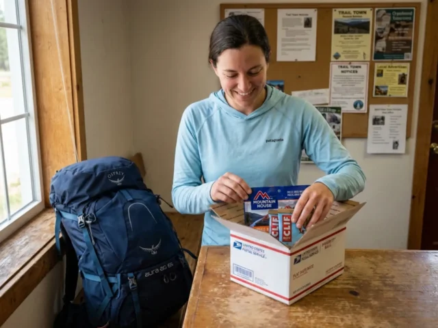 mail-drop-resupply-box-post-office-thru-hiker Thru-hiker opening USPS resupply box at trail town post office with dehydrated meals and backpacking food