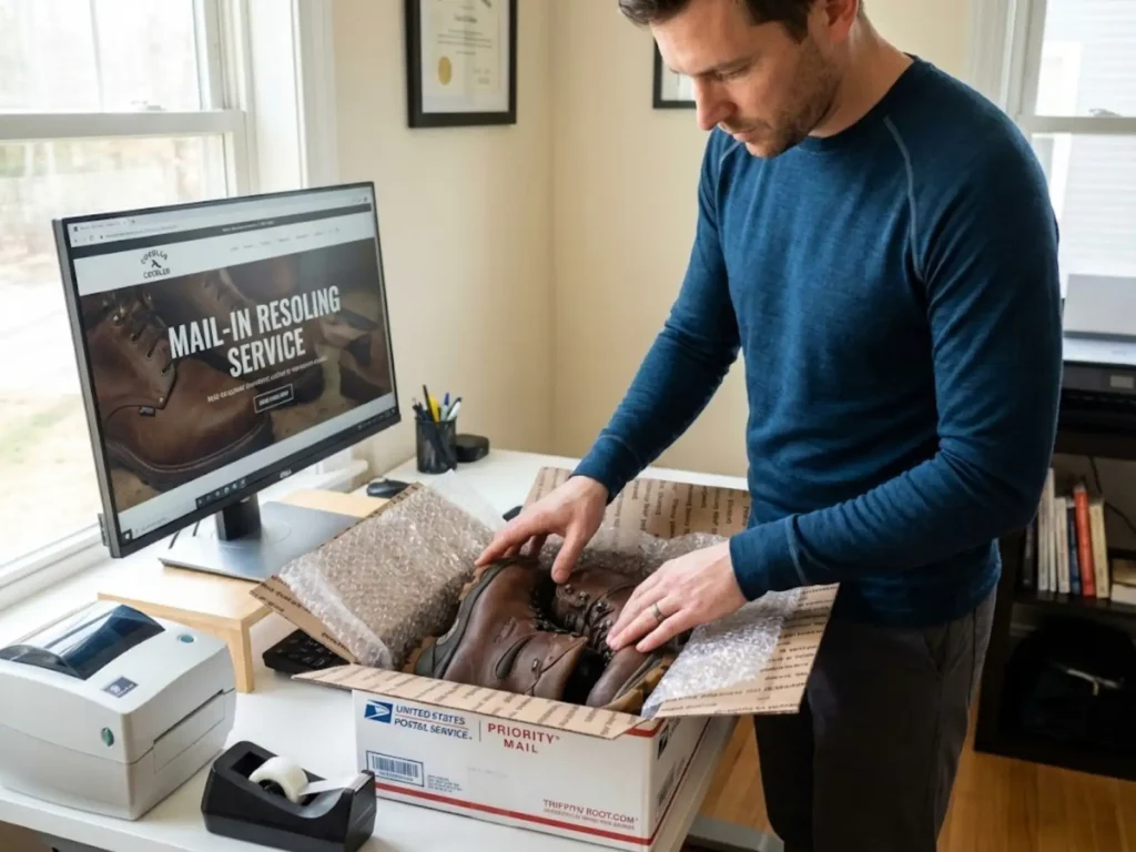 Hiker packing Zamberlan boots in shipping box to send to specialized resoling service