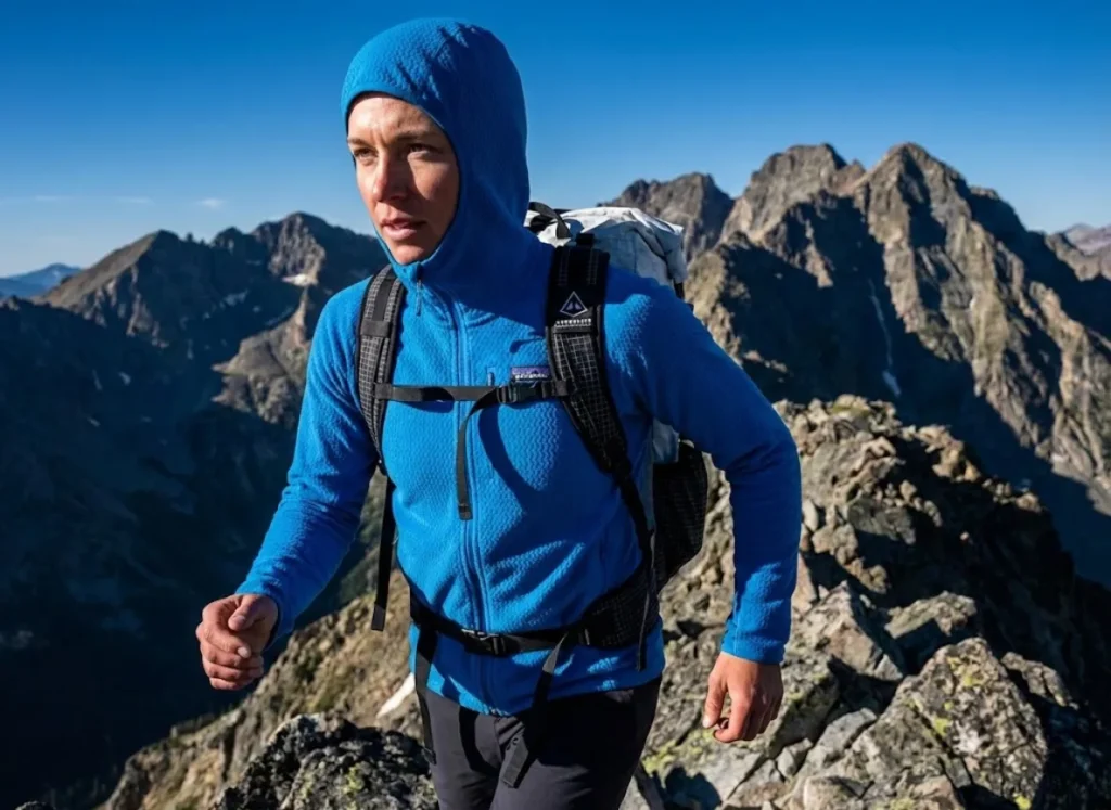 A professional hiker on an alpine ridge wearing a textured blue grid fleece, backlit by the sun to highlight the fabric's engineering.