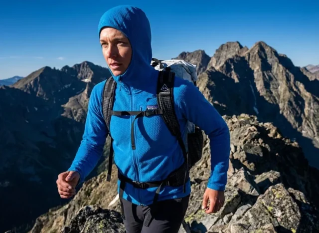 manage-sweat-grid-fleece-capillary-action A professional hiker on an alpine ridge wearing a textured blue grid fleece, backlit by the sun to highlight the fabric's engineering.