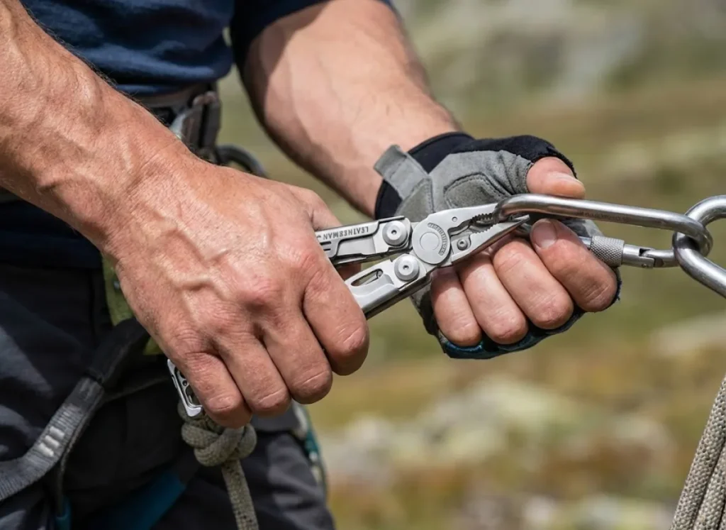 Close-up of clean hands gripping a Leatherman Signal multi-tool to demonstrate mechanical leverage on climbing gear.