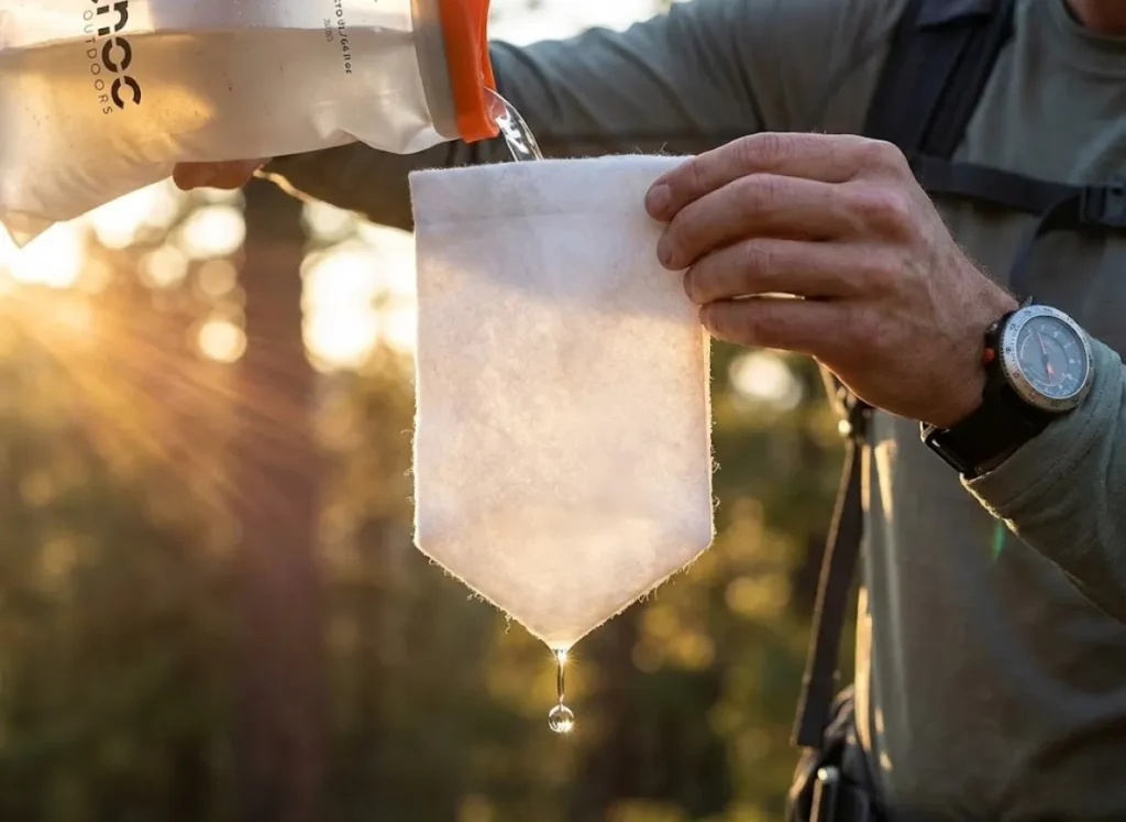 Close-up of clean hands pouring murky water from a CNOC Vecto into a polyester felt pre-filter bag, with a clear drop of filtered water emerging.