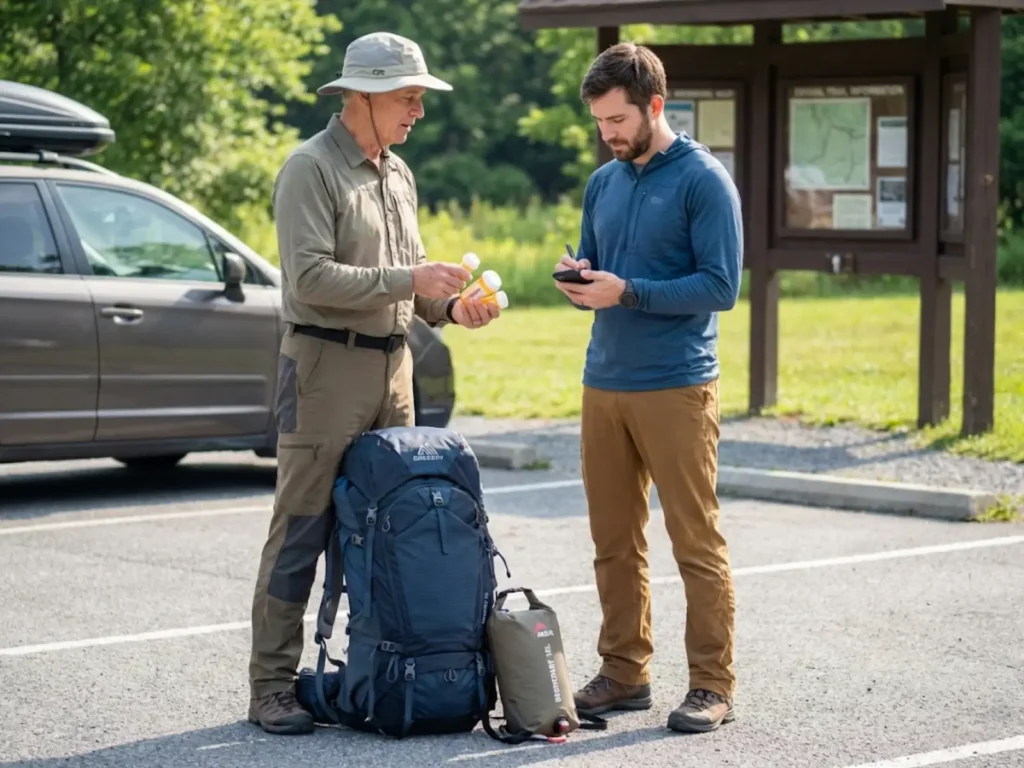 Mature hiker discussing medication heat risks with partner during pre-hike safety planning at trailhead