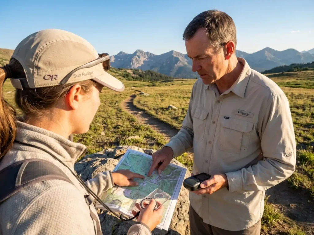 Hiking guide performing orientation assessment using map to check hiker's mental status on alpine trail