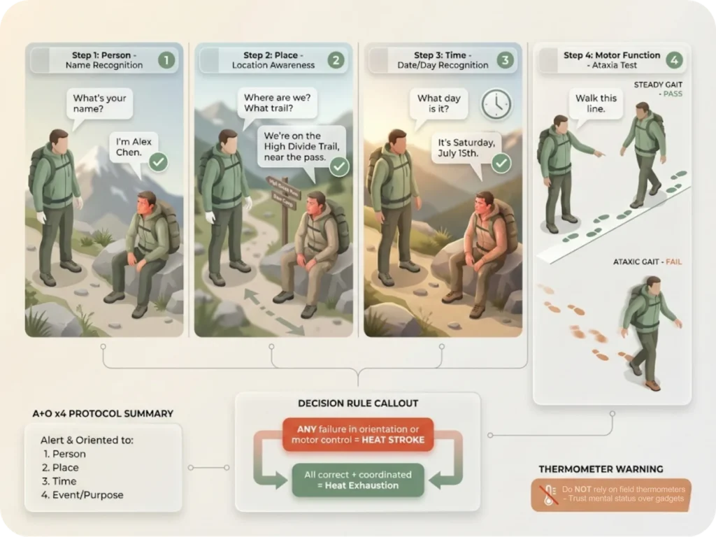 Four-step mental status assessment protocol showing A+O x4 evaluation for heat stroke diagnosis with orientation questions and ataxia test.