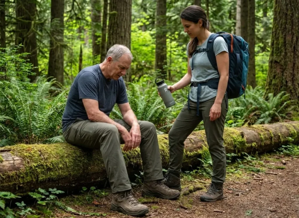 Hiking mentee offering water to fatigued mentor during forest trail rest break