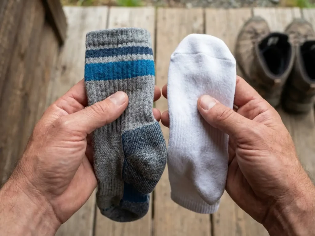 Close-up comparison of Merino wool hiking sock texture versus cotton sock showing fiber structure differences