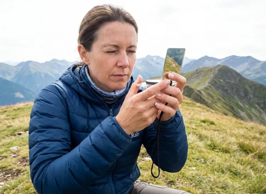 Hiker demonstrating mirror compass sighting technique on mountain ridge