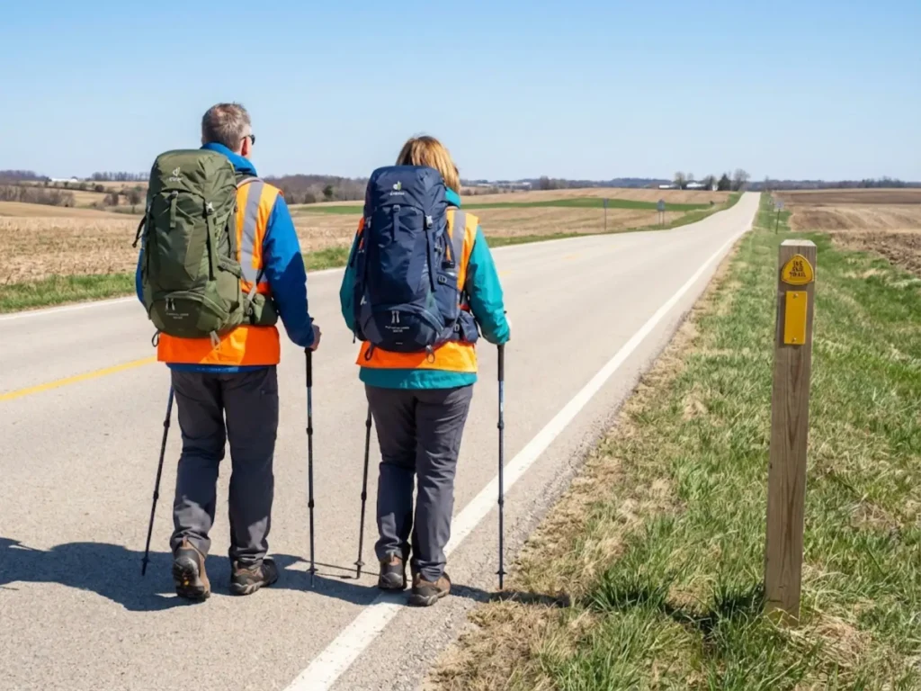 Section hikers walking rural road walk segment of Ice Age Trail in safety vests