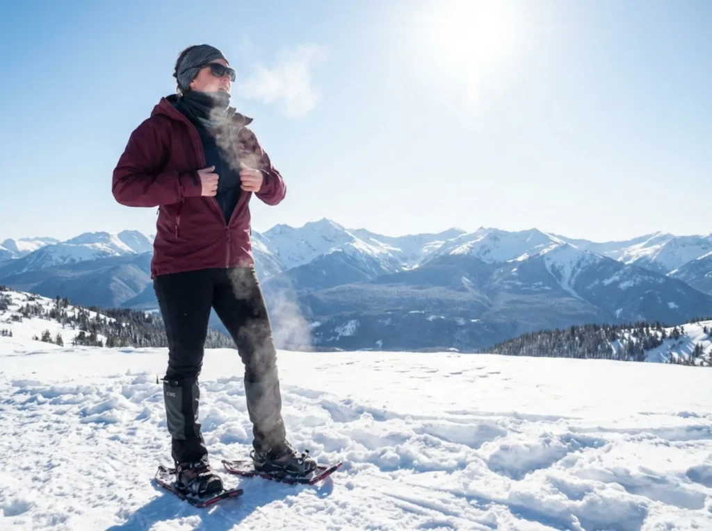 Snowshoer pausing mid-hike with visible steam from warm layers venting into cold mountain air