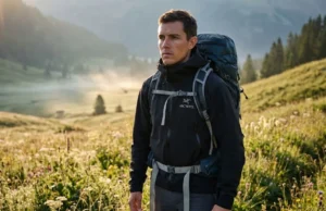 Mold Your Hip Belt for a Custom Pressure Free Fit A professional hiker, perfectly clean and focused, stands in an alpine meadow at sunrise, wearing an Arc'teryx jacket, Patagonia pants, and an Osprey Atmos AG backpack. The molded hip belt is prominent, bathed in warm 2800K rim-lighting.