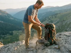 Why Most Hikers Don’t Need a Moldable Hip Belt Hiker cinching the hip belt on a loaded Osprey Aether pack to dial in moldable hip belt fit