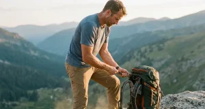 Why Most Hikers Don’t Need a Moldable Hip Belt Hiker cinching the hip belt on a loaded Osprey Aether pack to dial in moldable hip belt fit