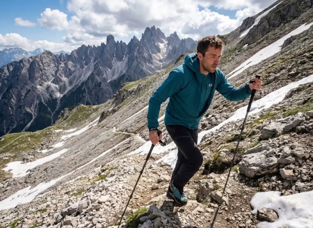 Climber ascending alpine trail wearing breathable Mountain Hardwear wind shirt