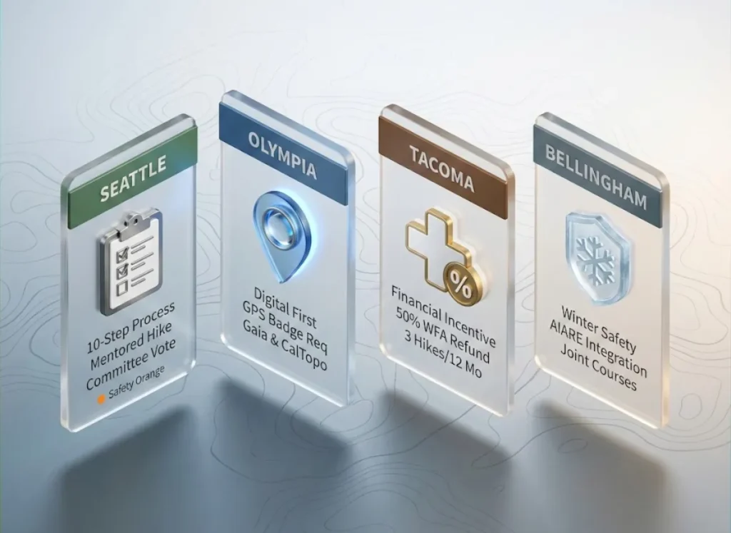 A premium 3D comparison matrix featuring four floating data cards representing Seattle, Olympia, Tacoma, and Bellingham branches of The Mountaineers, highlighting their unique leadership requirements including GPS skills, financial incentives, and winter safety.