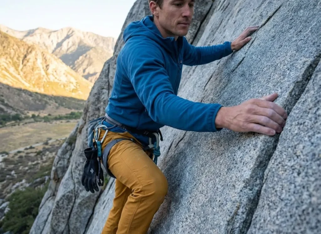 A climber demonstrating the three points of contact rule on a vertical rock face, wearing Patagonia pants.
