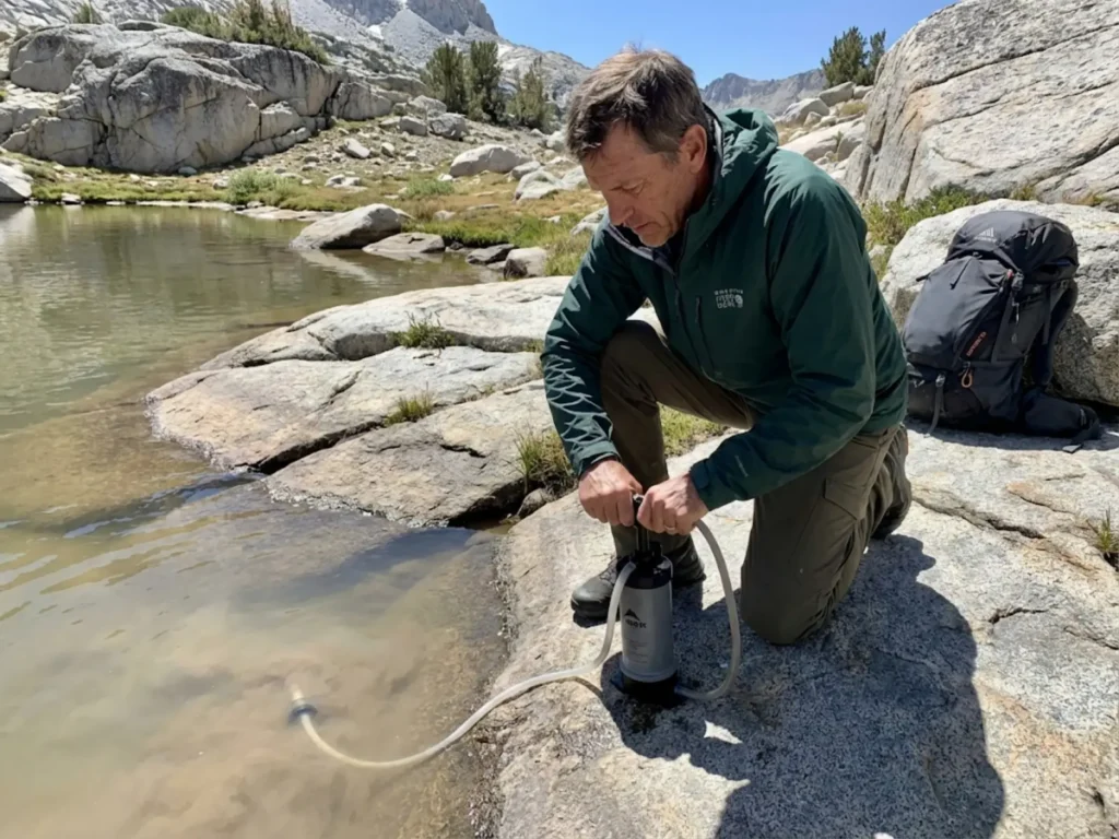Backpacker using MSR Guardian purifier pump in murky alpine tarn with glacial sediment water
