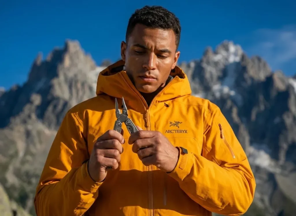 Professional mountaineer in an orange Arc'teryx jacket inspecting a Leatherman multi-tool on a high-alpine ridge.