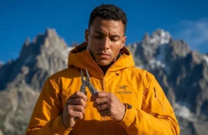 Use Your Multi Tool Pliers for Gear Repair Professional mountaineer in an orange Arc'teryx jacket inspecting a Leatherman multi-tool on a high-alpine ridge.