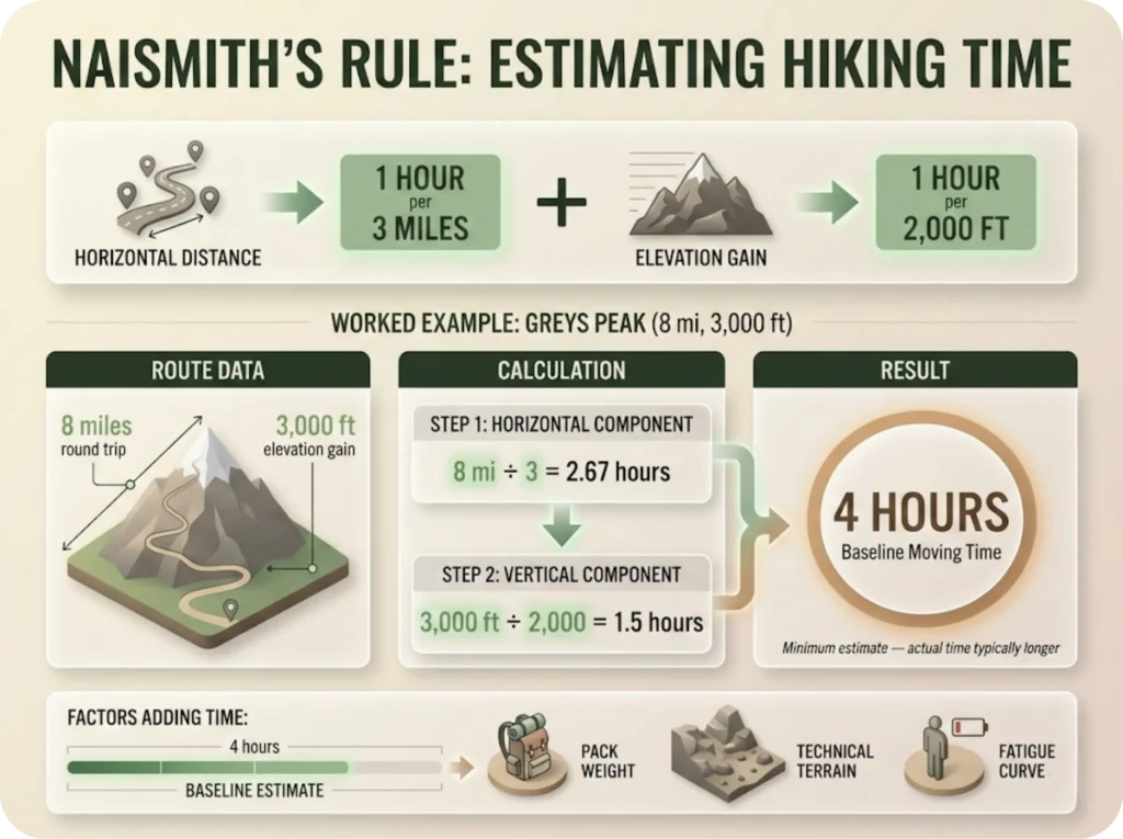 Educational infographic explaining Naismith's Rule hiking time formula with a worked example calculating 4 hours for Greys Peak using horizontal distance and elevation gain components.