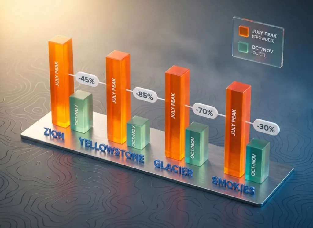 A photorealistic 3D bar chart comparing peak July visitation versus October/November levels for Zion, Yellowstone, Glacier, and Great Smoky Mountains National Parks, visualizing the significant reduction in crowds during shoulder season.