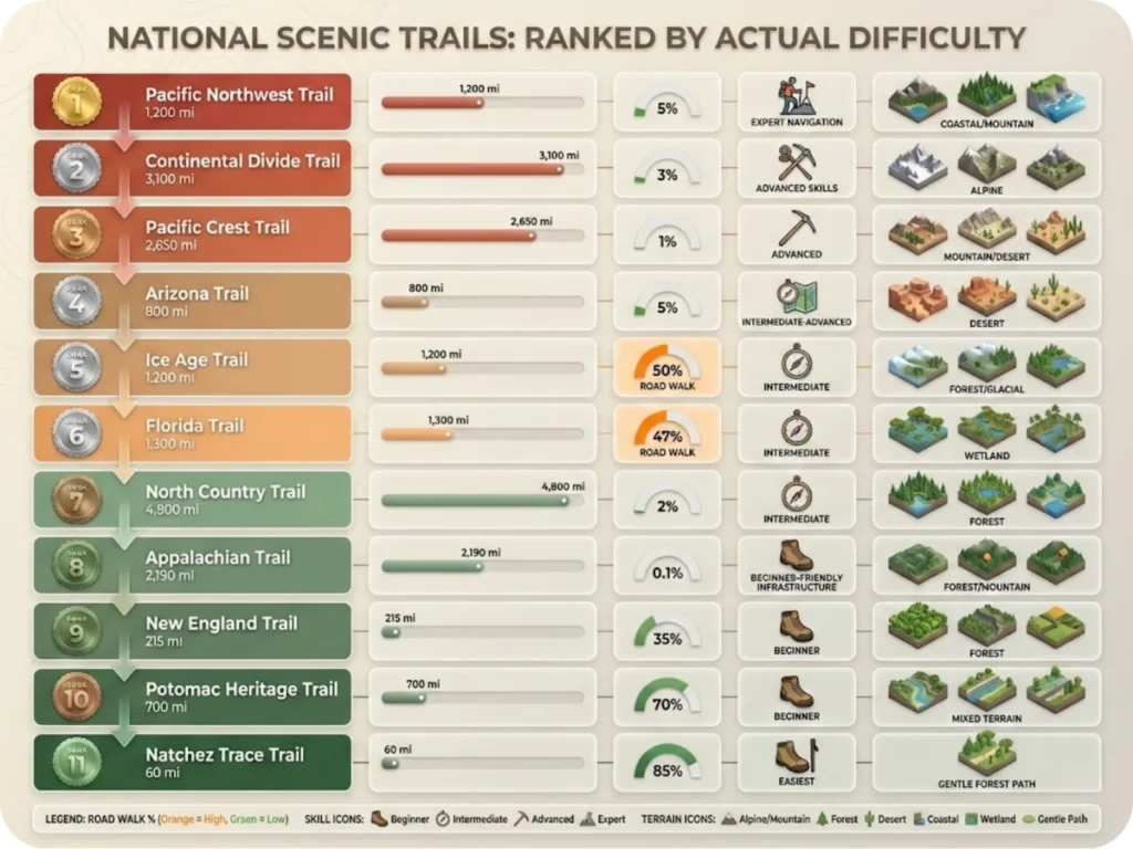 Comprehensive comparison grid of all 11 National Scenic Trails ranked by difficulty, showing trail name, length, percentage of road walk, required skill level icons, and primary terrain type, color-coded by difficulty tier from easiest (green) to hardest (red).