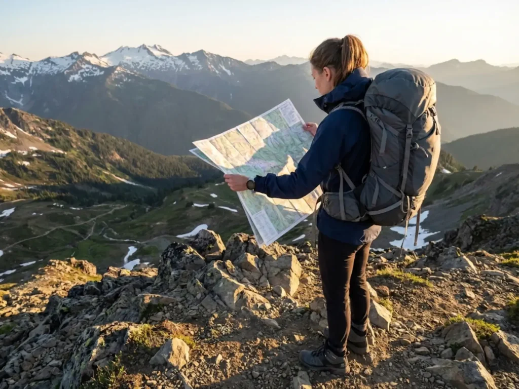 Hiker studying topographic map overlooking National Scenic Trail mountain landscape at sunrise