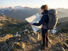 11 National Scenic Trails Ranked by Difficulty (Guide) Hiker studying topographic map overlooking National Scenic Trail mountain landscape at sunrise
