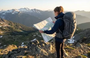 11 National Scenic Trails Ranked by Difficulty (Guide) Hiker studying topographic map overlooking National Scenic Trail mountain landscape at sunrise
