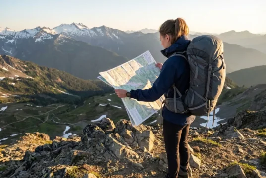 11 National Scenic Trails Ranked by Difficulty (Guide) Hiker studying topographic map overlooking National Scenic Trail mountain landscape at sunrise