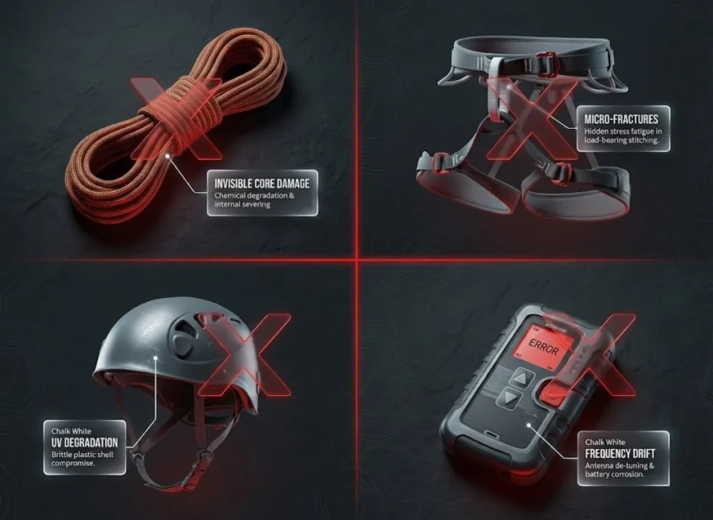 A photorealistic 2x2 grid displaying four critical climbing safety items—rope, harness, helmet, and avalanche beacon—each overlaid with a glowing red warning 'X' and technical callouts identifying invisible degradation risks like core damage and frequency drift.