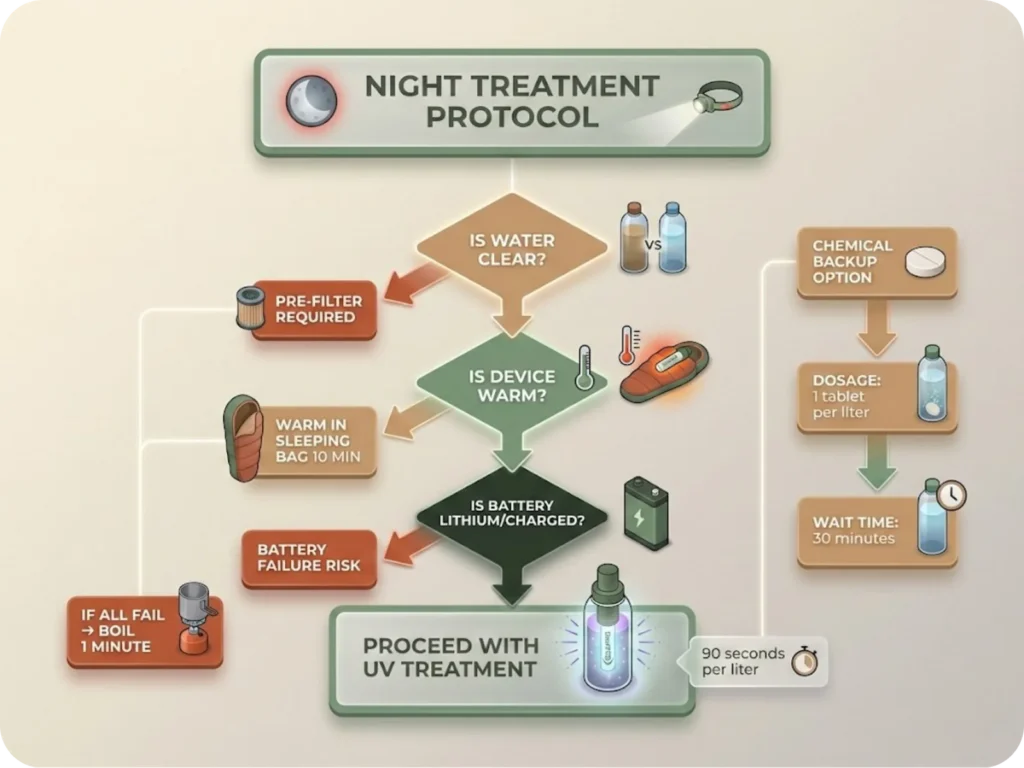 Decision flowchart for UV water treatment showing diagnostic path from water clarity check through device warmth and battery status to appropriate treatment method with chemical fallback options.