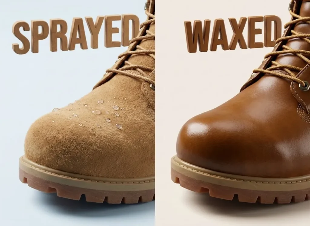 A side-by-side close-up comparison of Nubuck leather textures; the left side shows a lighter, fuzzy original nap treated with spray, while the right side shows a dark, shiny, and smooth surface treated with heavy wax.