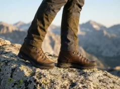 Nubuck Leather Breathability vs Full Grain Durability Close-up low angle shot of premium Lowa hiking boots on granite, contrasting the velvet texture of nubuck leather against the smooth finish of full-grain leather under golden alpine sunlight.