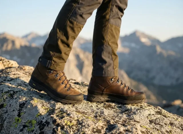 nubuck-vs-full-grain-leather-boot-comparison Close-up low angle shot of premium Lowa hiking boots on granite, contrasting the velvet texture of nubuck leather against the smooth finish of full-grain leather under golden alpine sunlight.