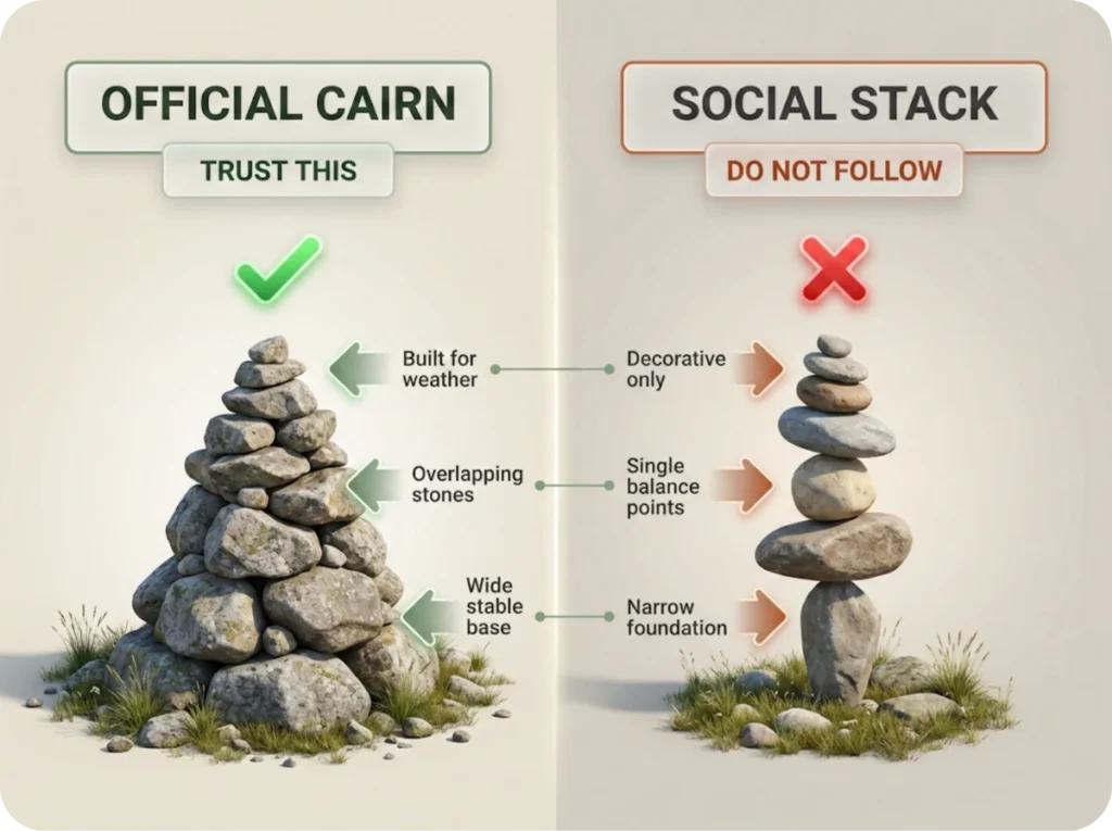 Side-by-side photo comparison of an official navigational cairn with stable overlapping stone construction versus an unstable social stack of balanced rocks, with clear "DO NOT FOLLOW" warning label on the unreliable trail marker.