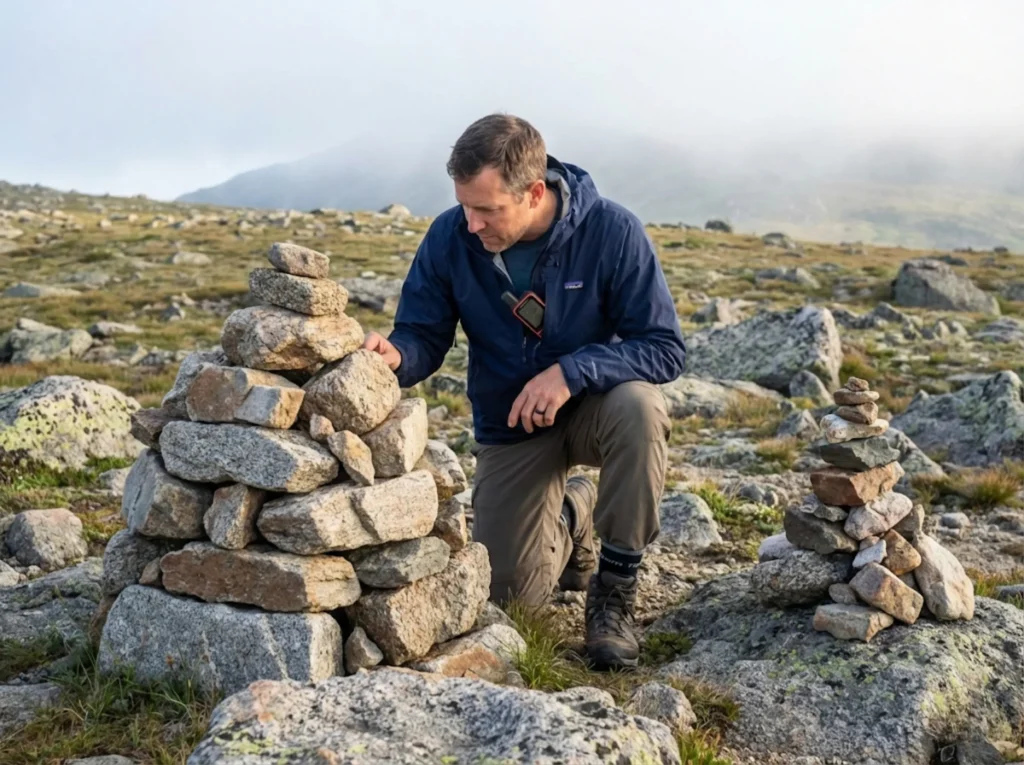 Hiker examining official rock cairn versus unstable social stack in alpine terrain